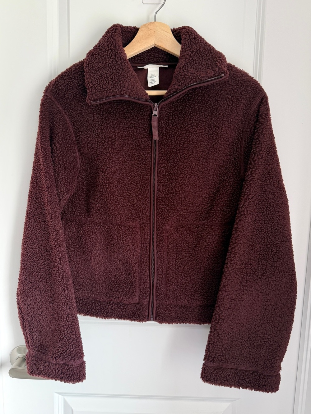 H&M Burgundy Teddy Sherpa Fleece Zip-Up Jacket – Size XS